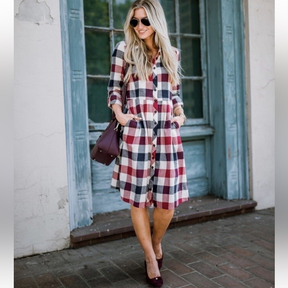 ModCloth Jam Girl Plaid Button Down Dress in Mixed Berry Size Small